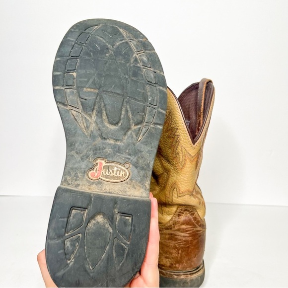 Justin Boots Brown Tan Leather Western Cowboy Boots Size 10 Decorative Stitching - Picture 5 of 6